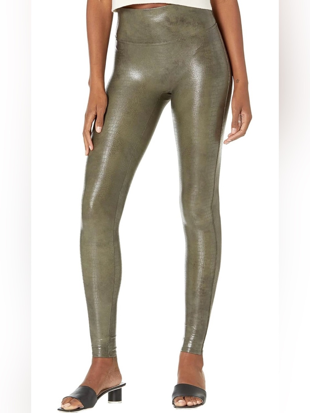 Spanx Faux Croc Shine Green Leggings Size Large Full Length